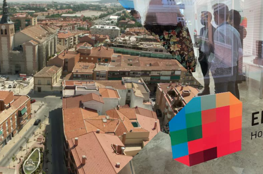 Composition image: bird´s view of Getafe´s urban centre and the Healthy Homes Office